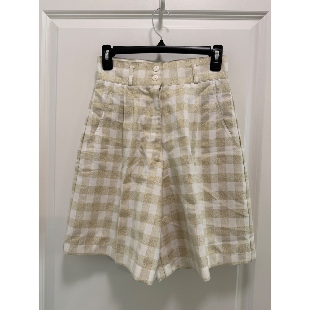 Vino De Casa Gold Gingham High Waisted Pleated Shorts Metallic Check Size 7‎